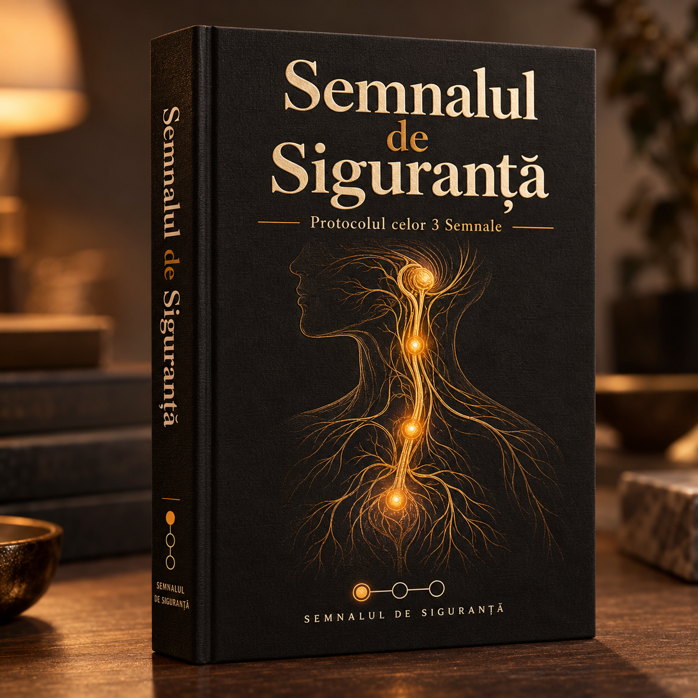 Workbook-ul Semnalul de Siguranță deschis pe masă, lângă o cană și o lampă caldă